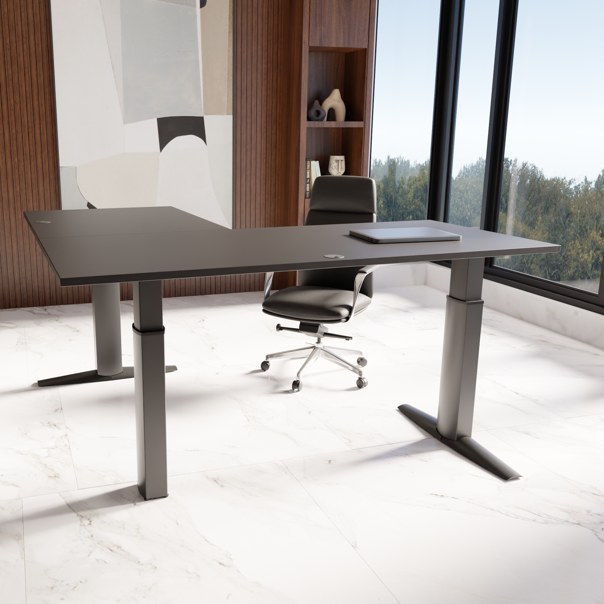 Schreibtisch steh/sitz | 180x180 cm | Schwarz mit schwarzem Gestell