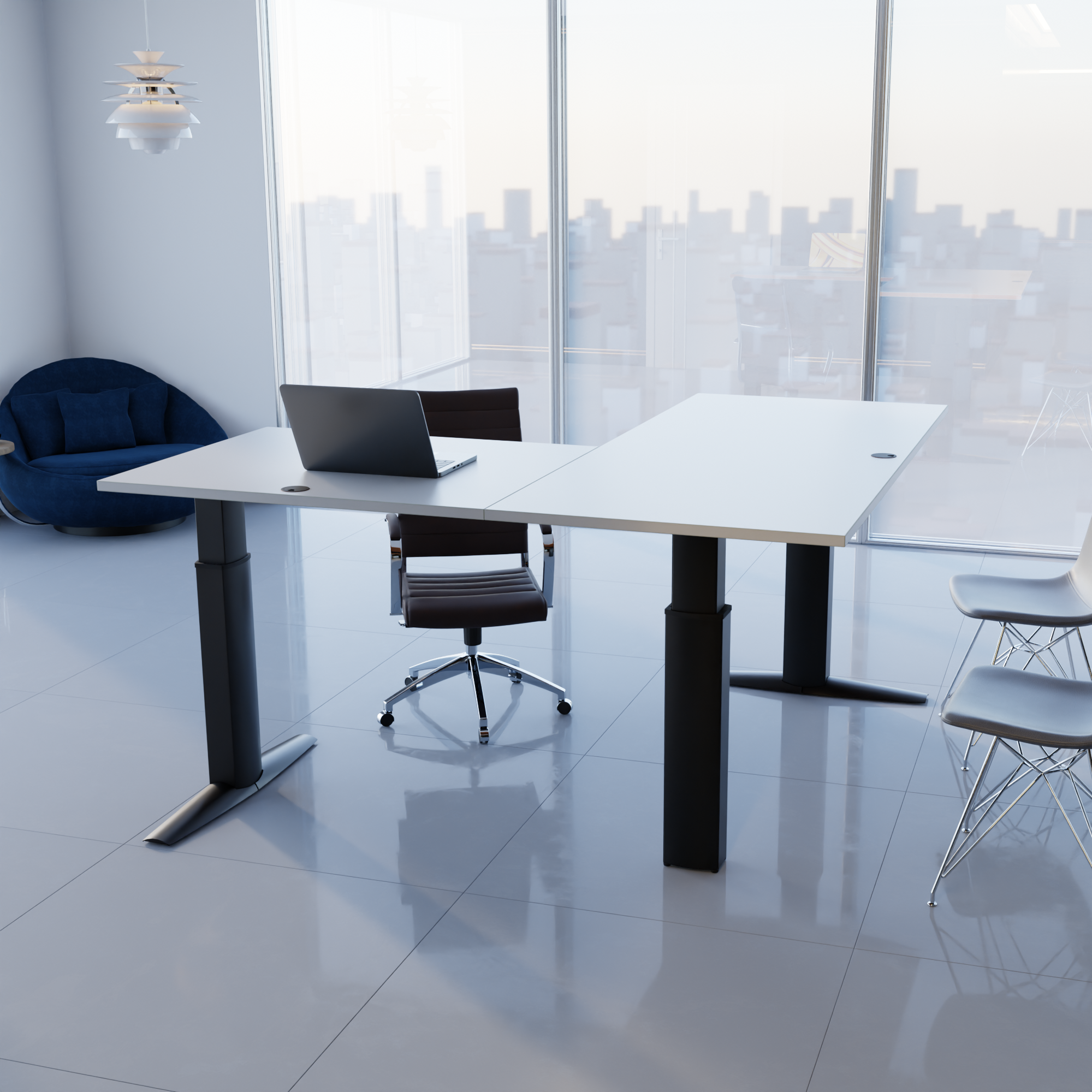 Schreibtisch steh/sitz | 180x180 cm | Weiß mit schwarzem Gestell