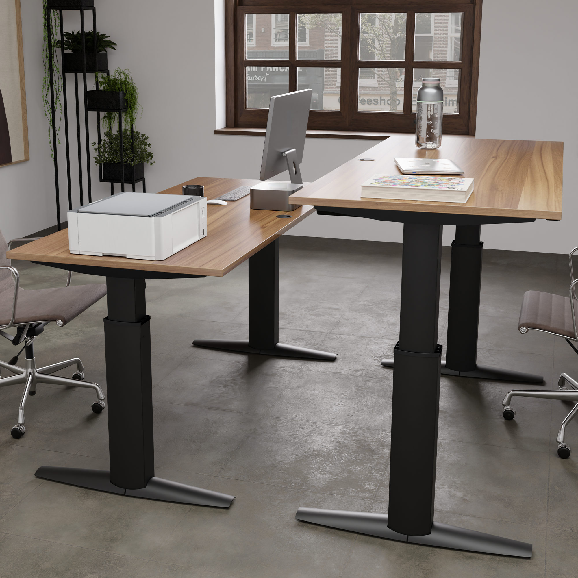 Schreibtisch steh/sitz | 160x80 cm | Nussbaum mit schwarzem Gestell