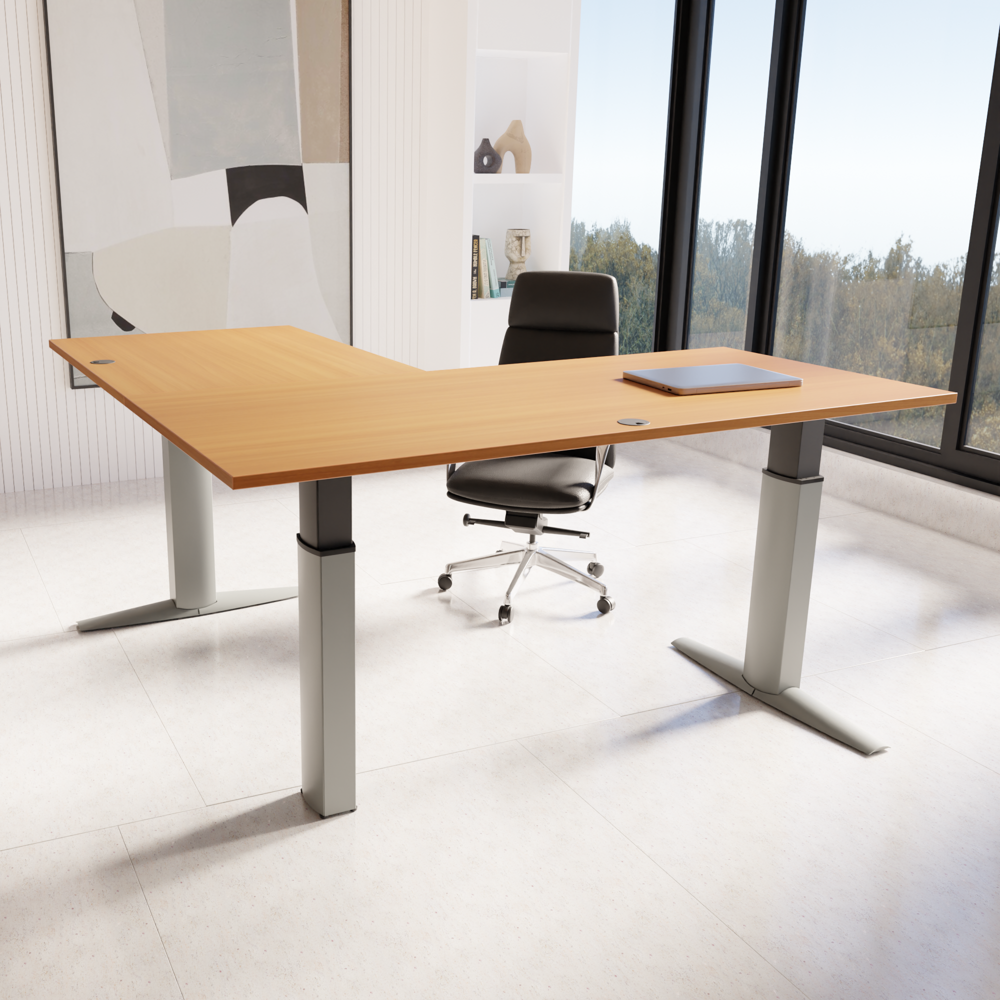 Schreibtisch steh/sitz | 180x180 cm | Buche mit silbernem Gestell
