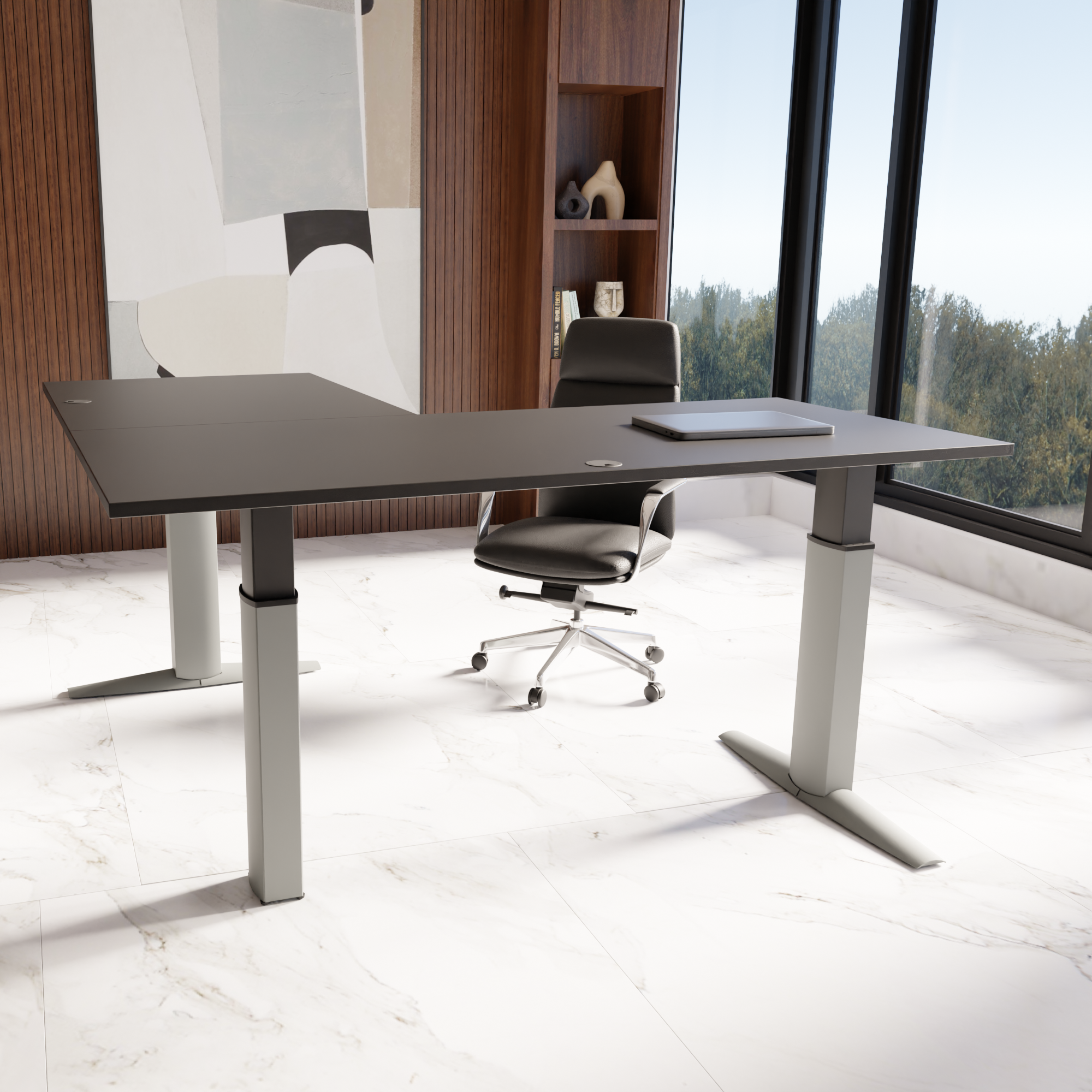 Schreibtisch steh/sitz | 180x180 cm | Schwarz mit silbernem Gestell