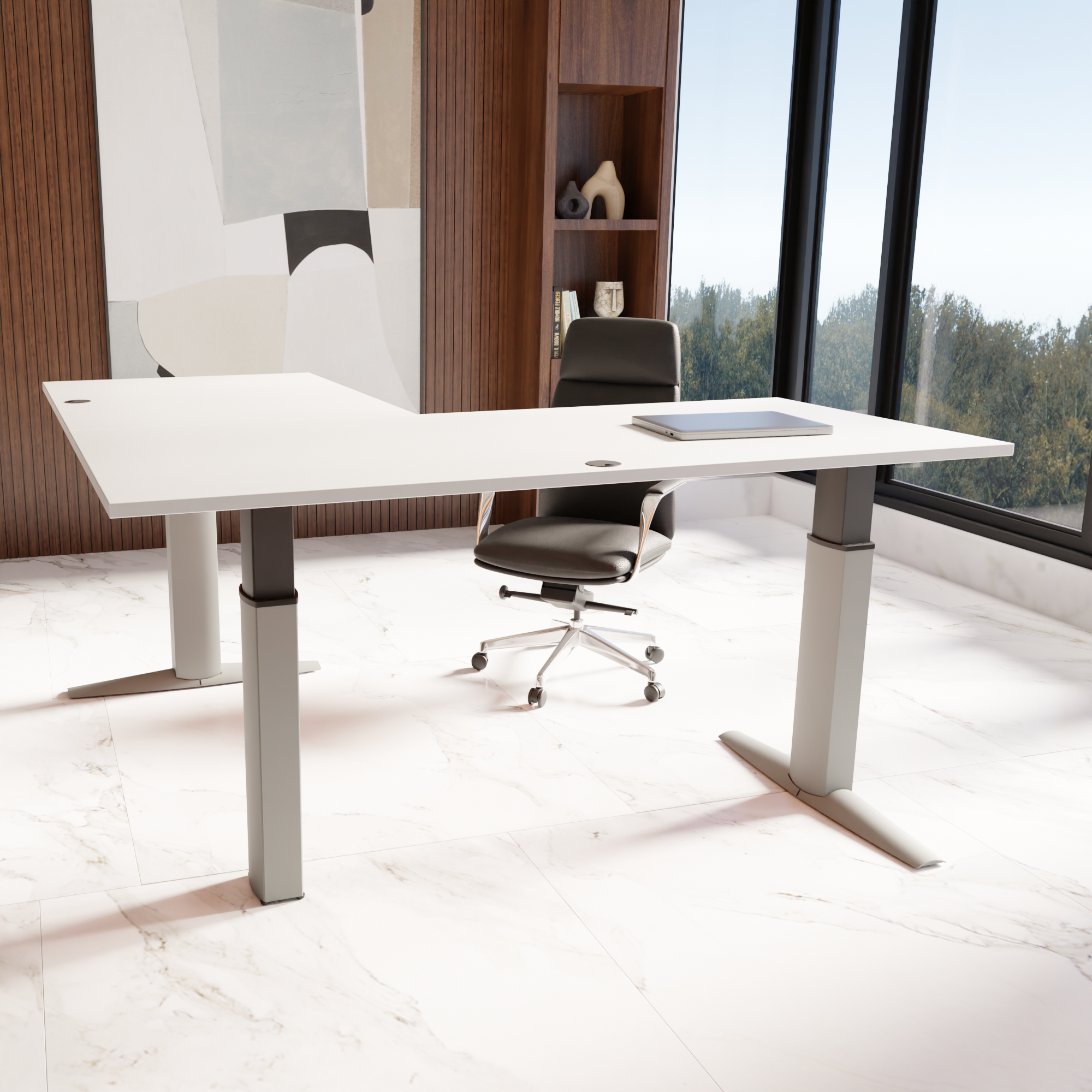 Schreibtisch steh/sitz | 180x180 cm | Weiß mit silbernem Gestell