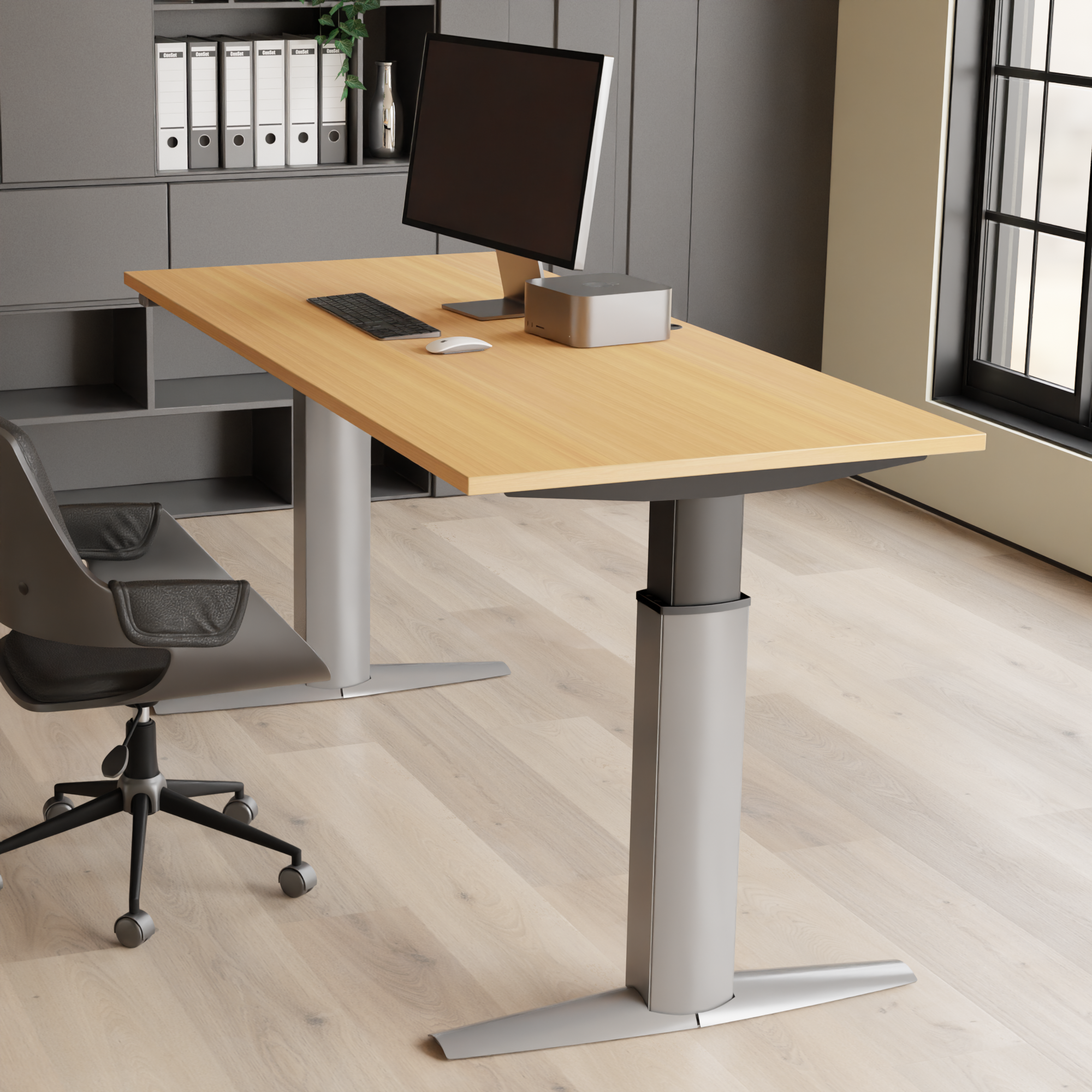 Schreibtisch steh/sitz | 140x80 cm | Buche mit silbernem Gestell