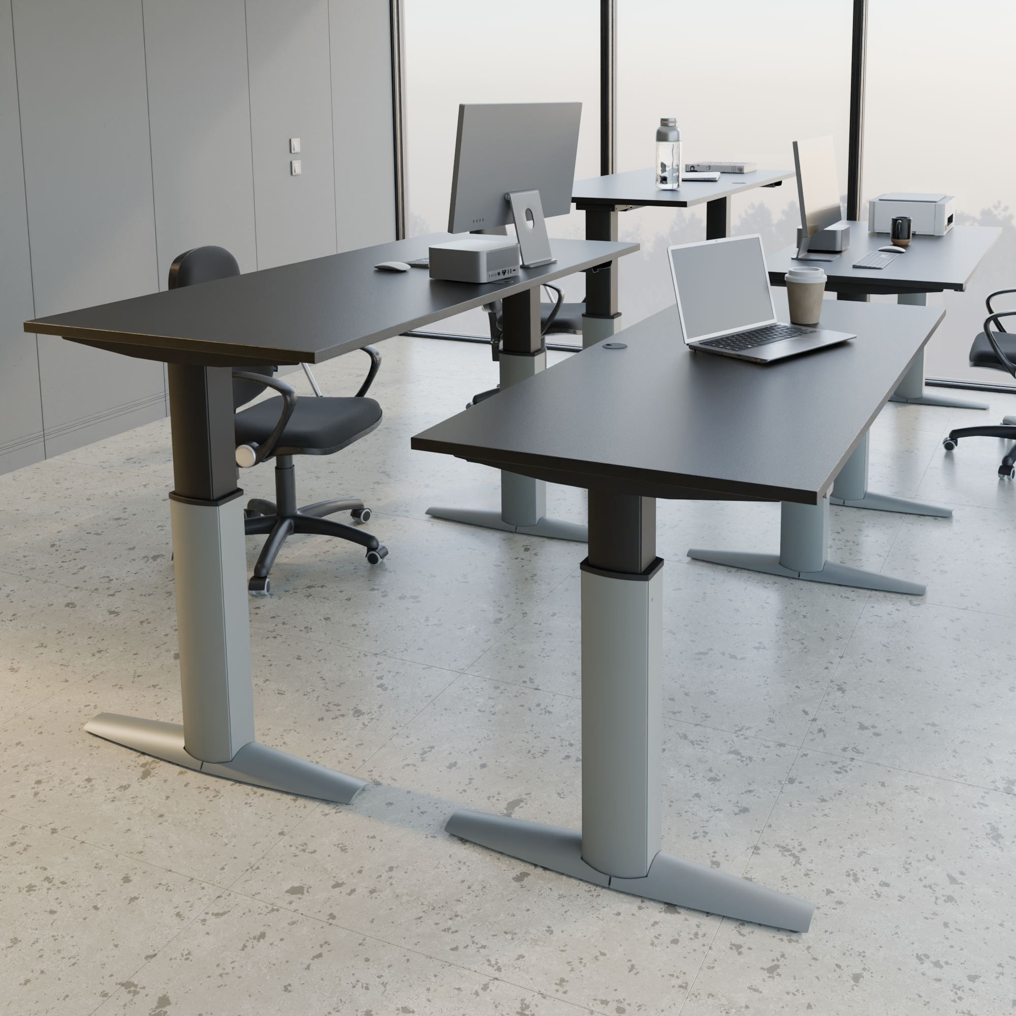 Schreibtisch steh/sitz | 160x80 cm | Schwarz mit silbernem Gestell