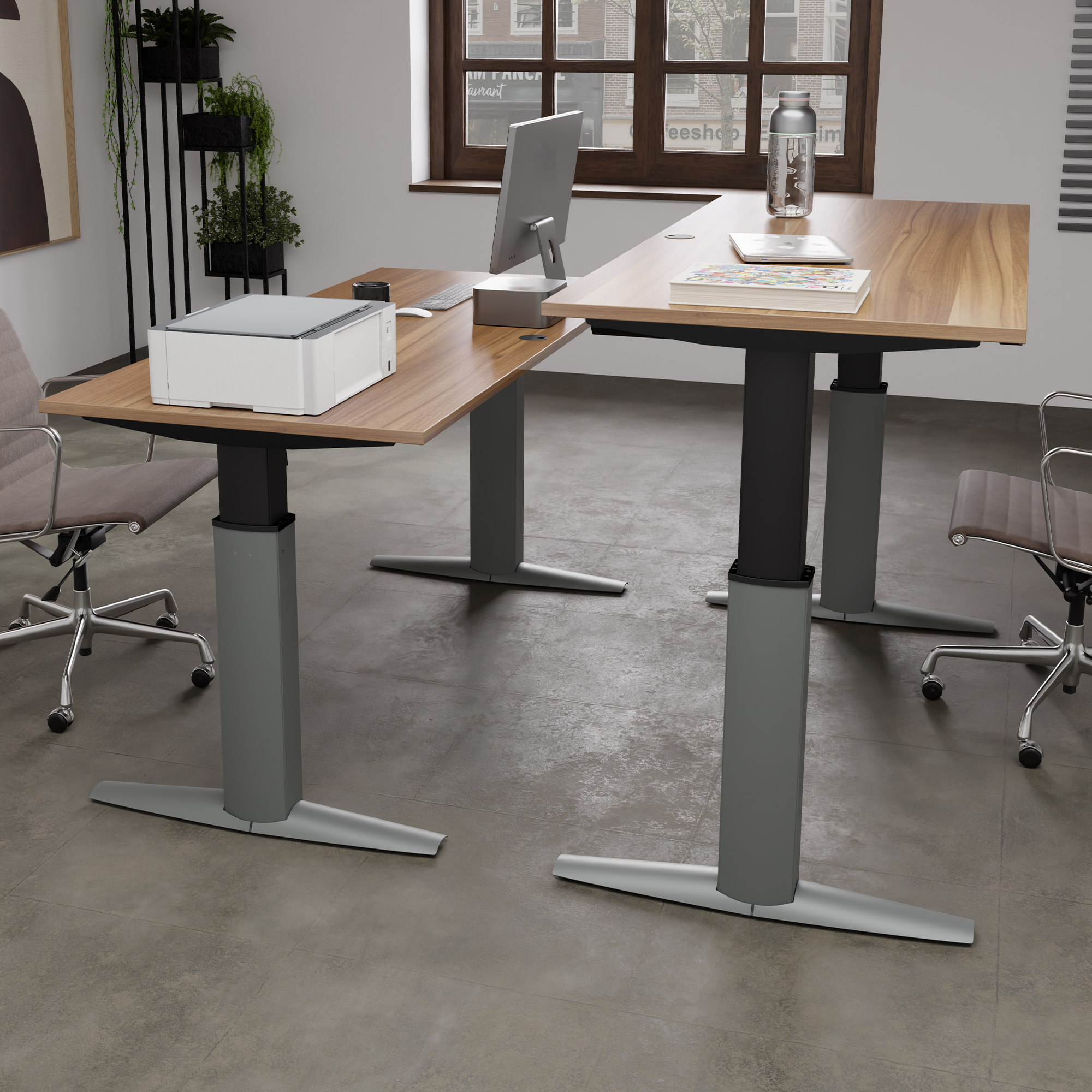 Schreibtisch steh/sitz | 140x80 cm | Nussbaum mit silbernem Gestell