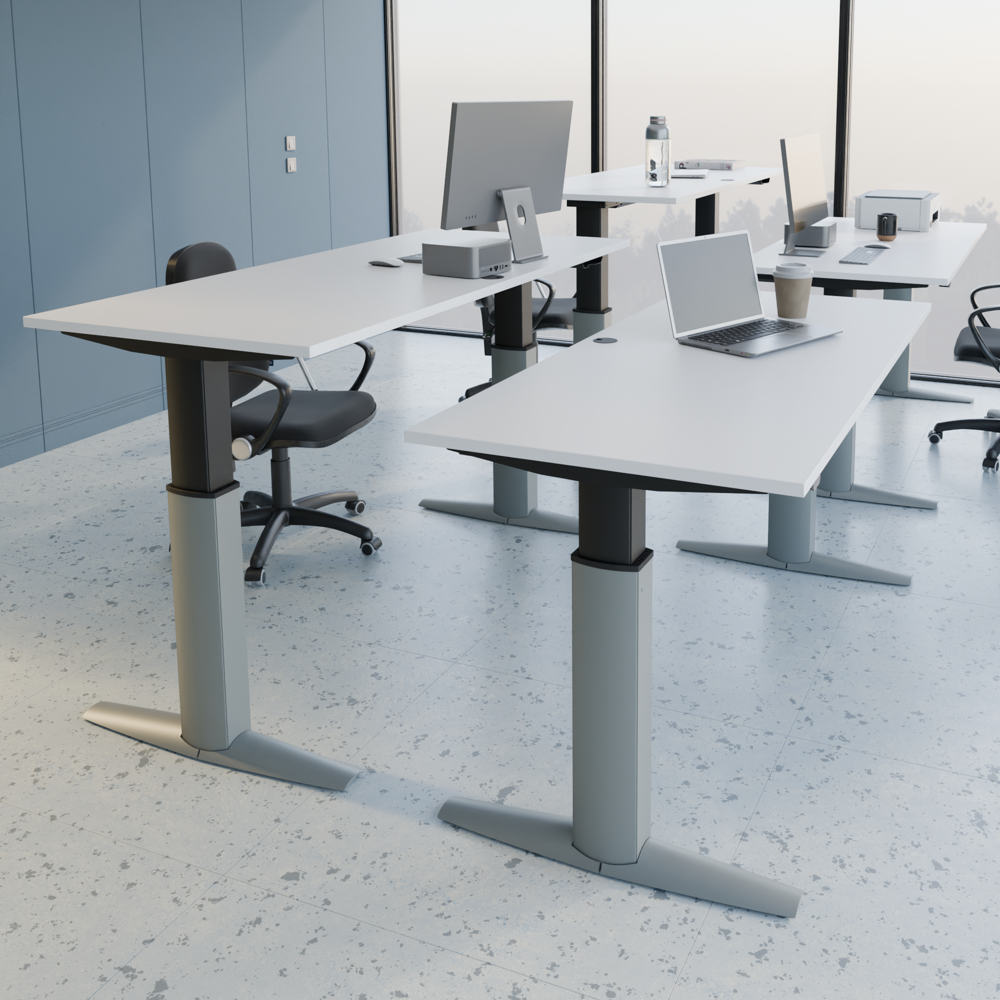 Schreibtisch steh/sitz | 140x80 cm | Weiß mit silbernem Gestell