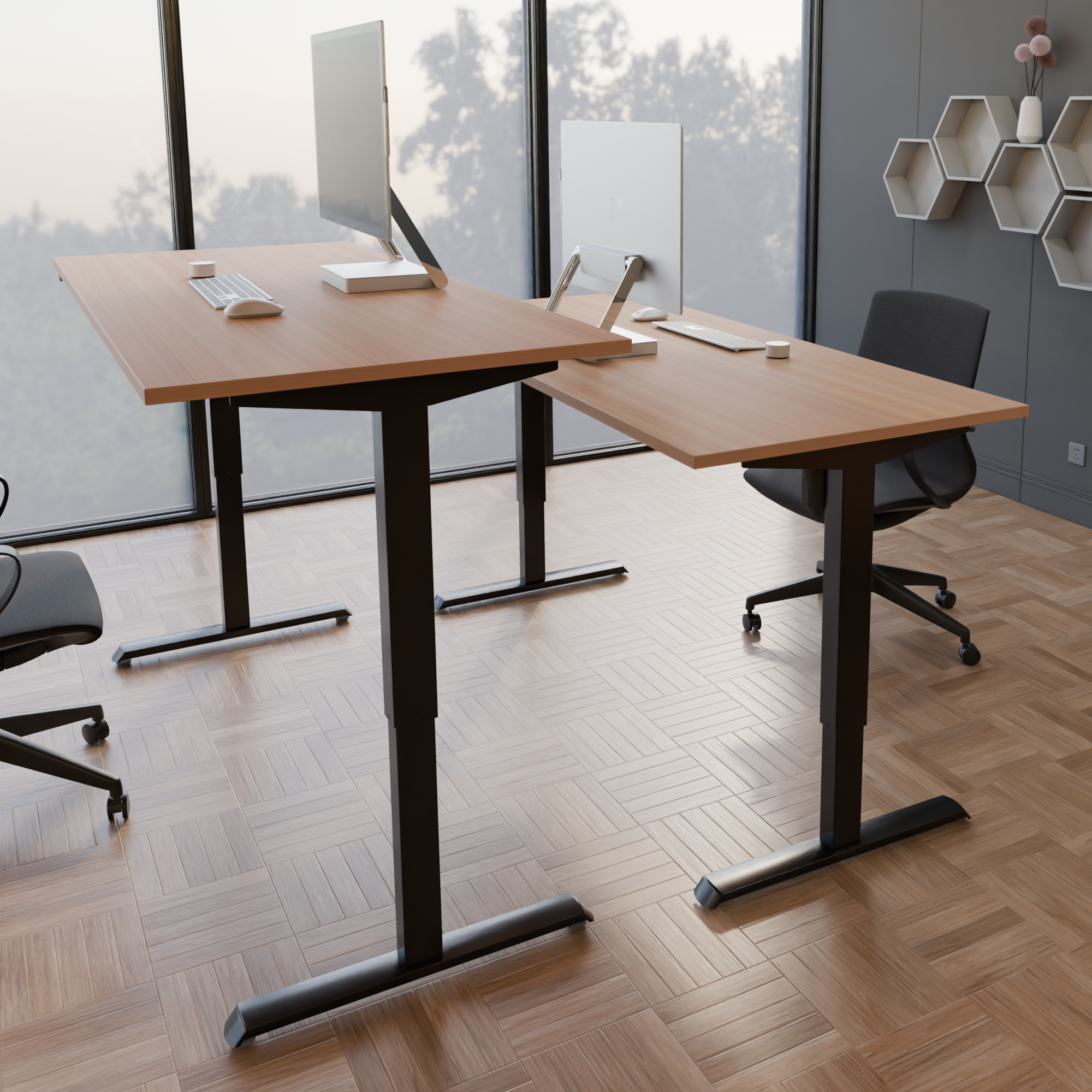 Schreibtisch steh/sitz | 80x80 cm | Buche mit schwarzem Gestell