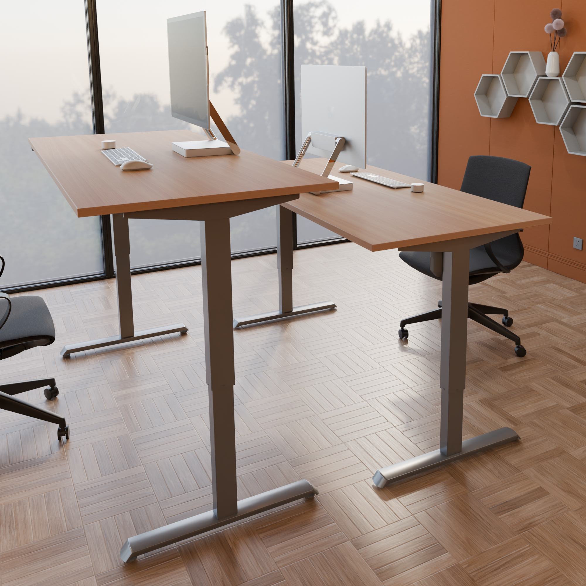 Schreibtisch steh/sitz | 180x80 cm | Buche mit silbernem Gestell