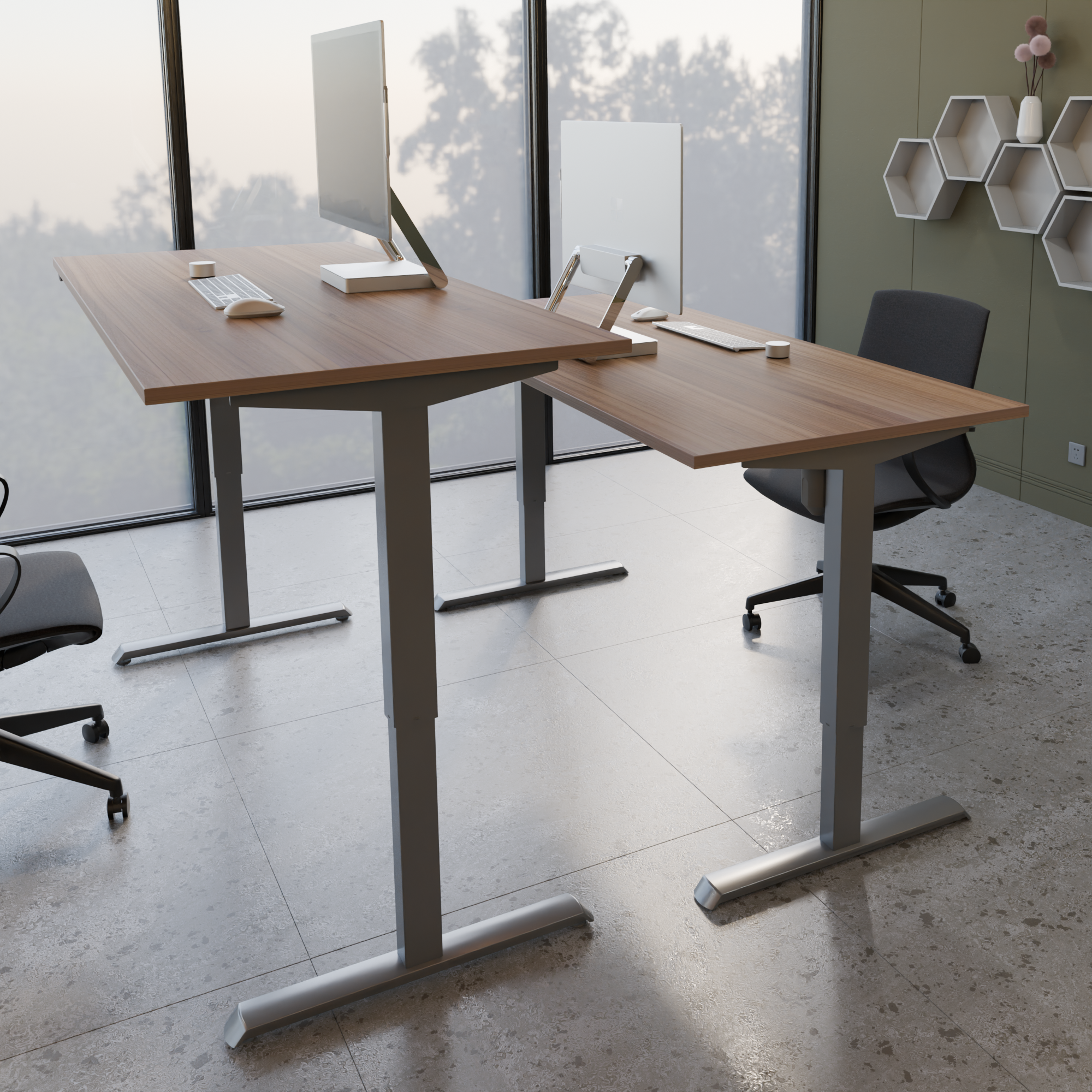 Schreibtisch steh/sitz | 120x80 cm | Nussbaum mit silbernem Gestell