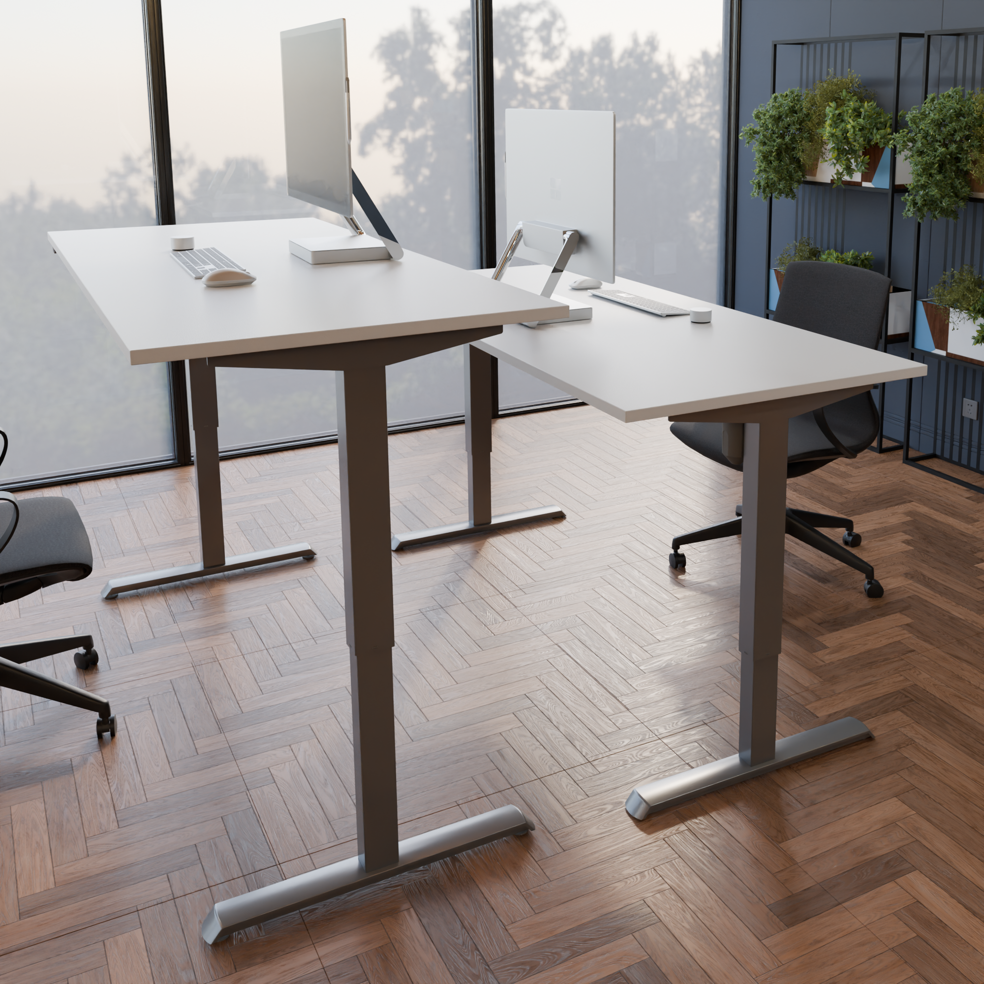 Schreibtisch steh/sitz | 140x80 cm | Weiß mit silbernem Gestell