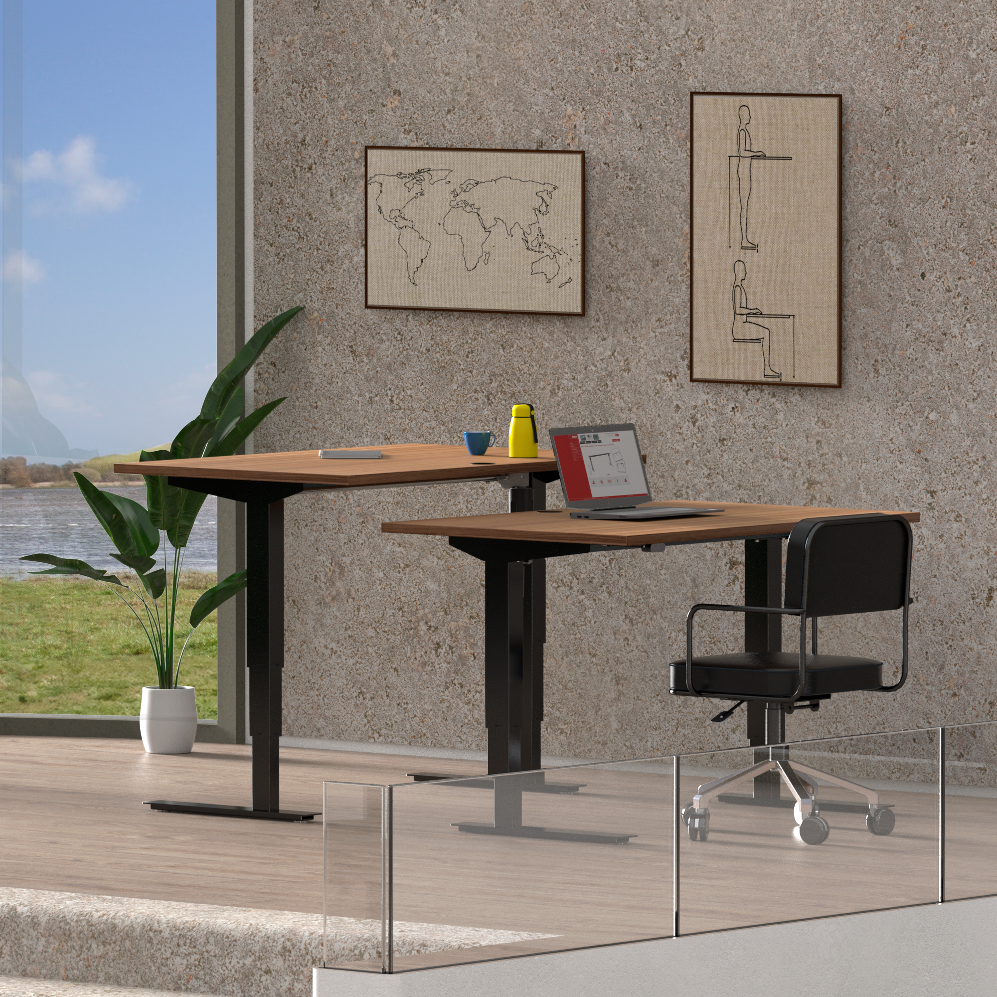 Schreibtisch steh/sitz | 120x60 cm | Nussbaum mit schwarzem Gestell