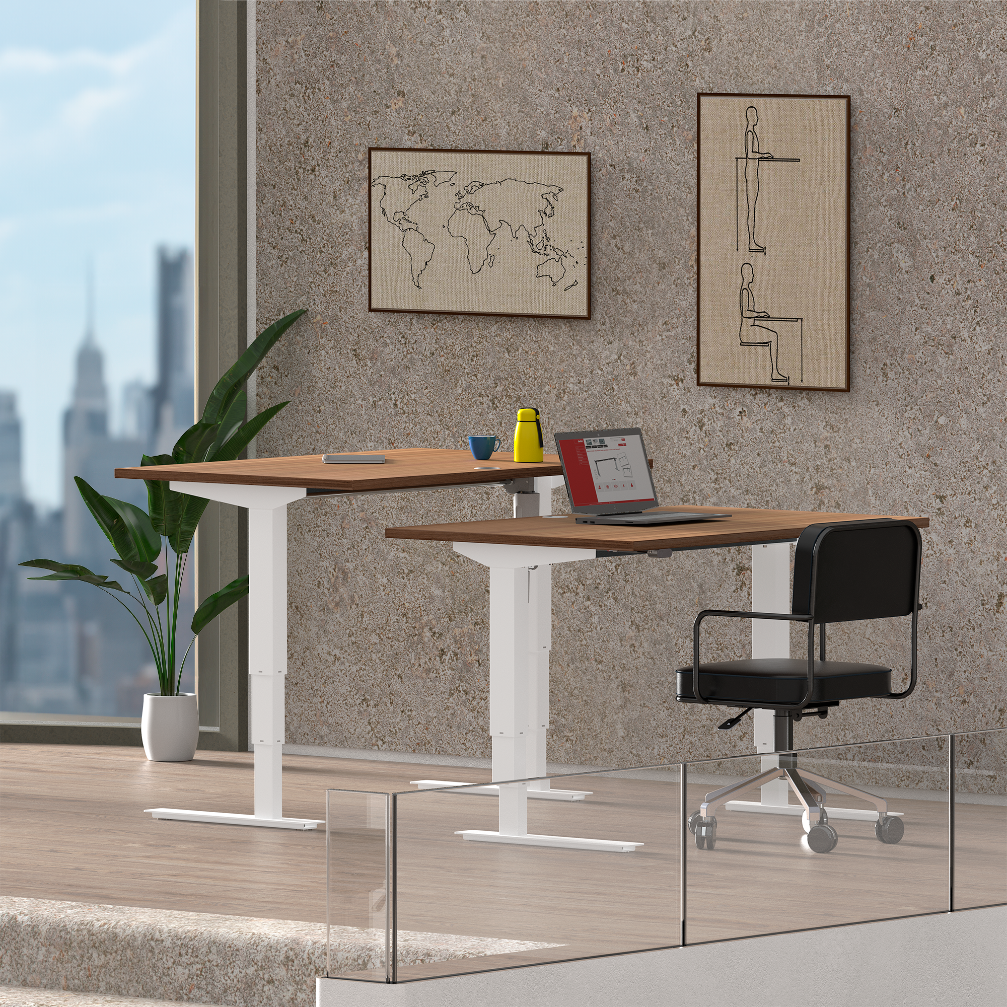 Schreibtisch steh/sitz | 120x60 cm | Nussbaum mit weißem Gestell