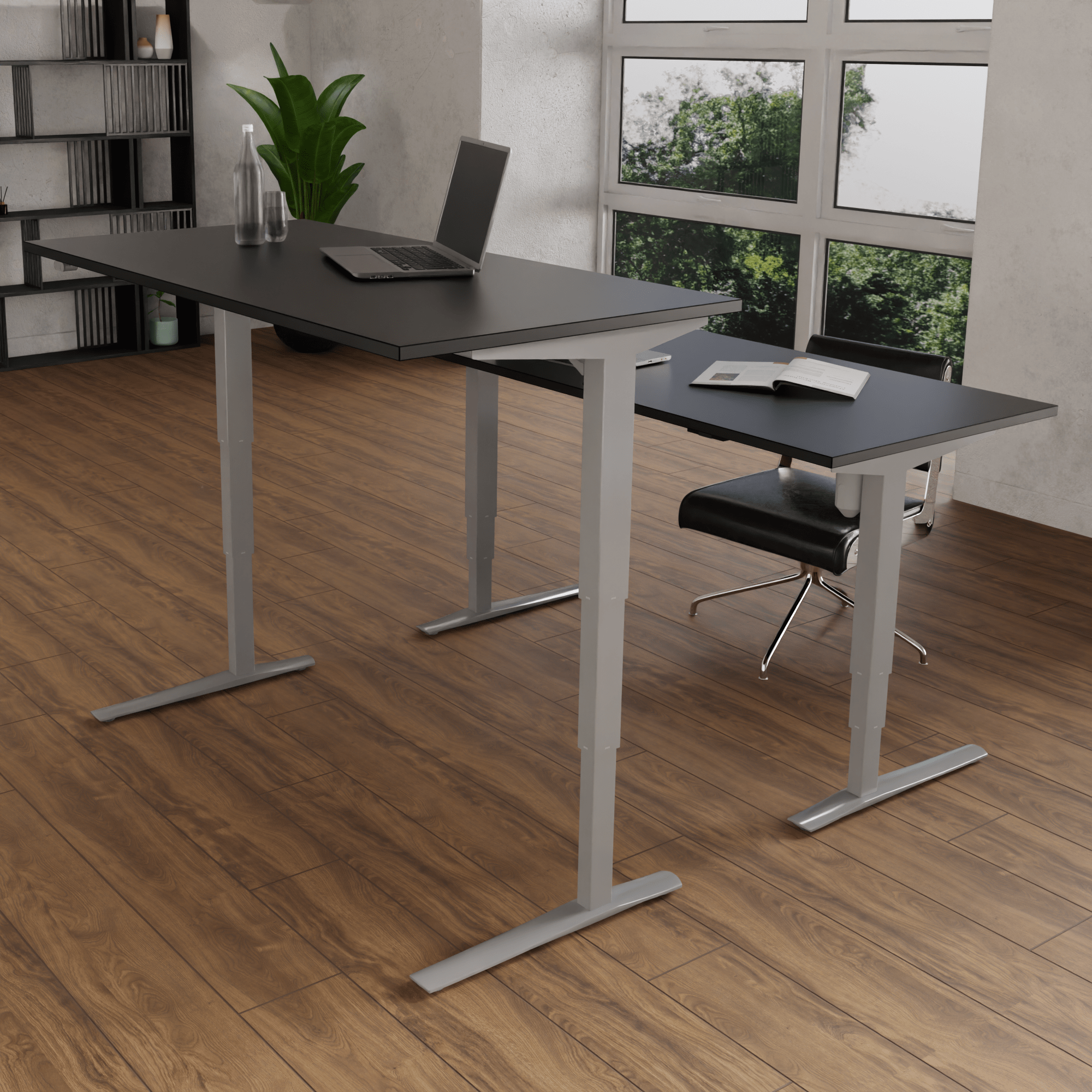 Schreibtisch steh/sitz | 160x80 cm | Schwarz mit silbernem Gestell