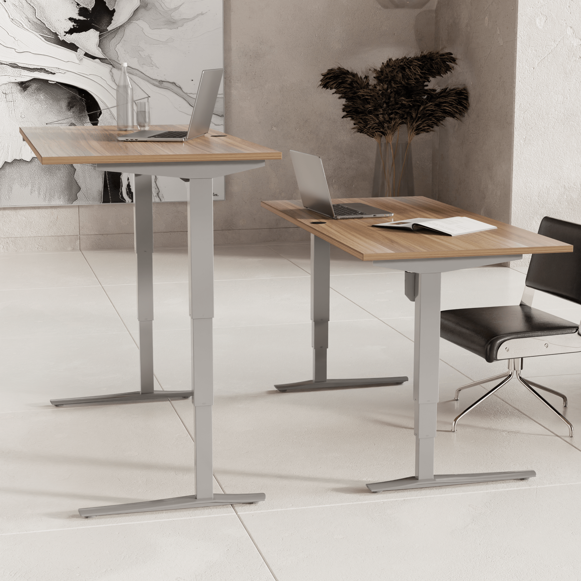 Schreibtisch steh/sitz | 160x80 cm | Nussbaum mit silbernem Gestell