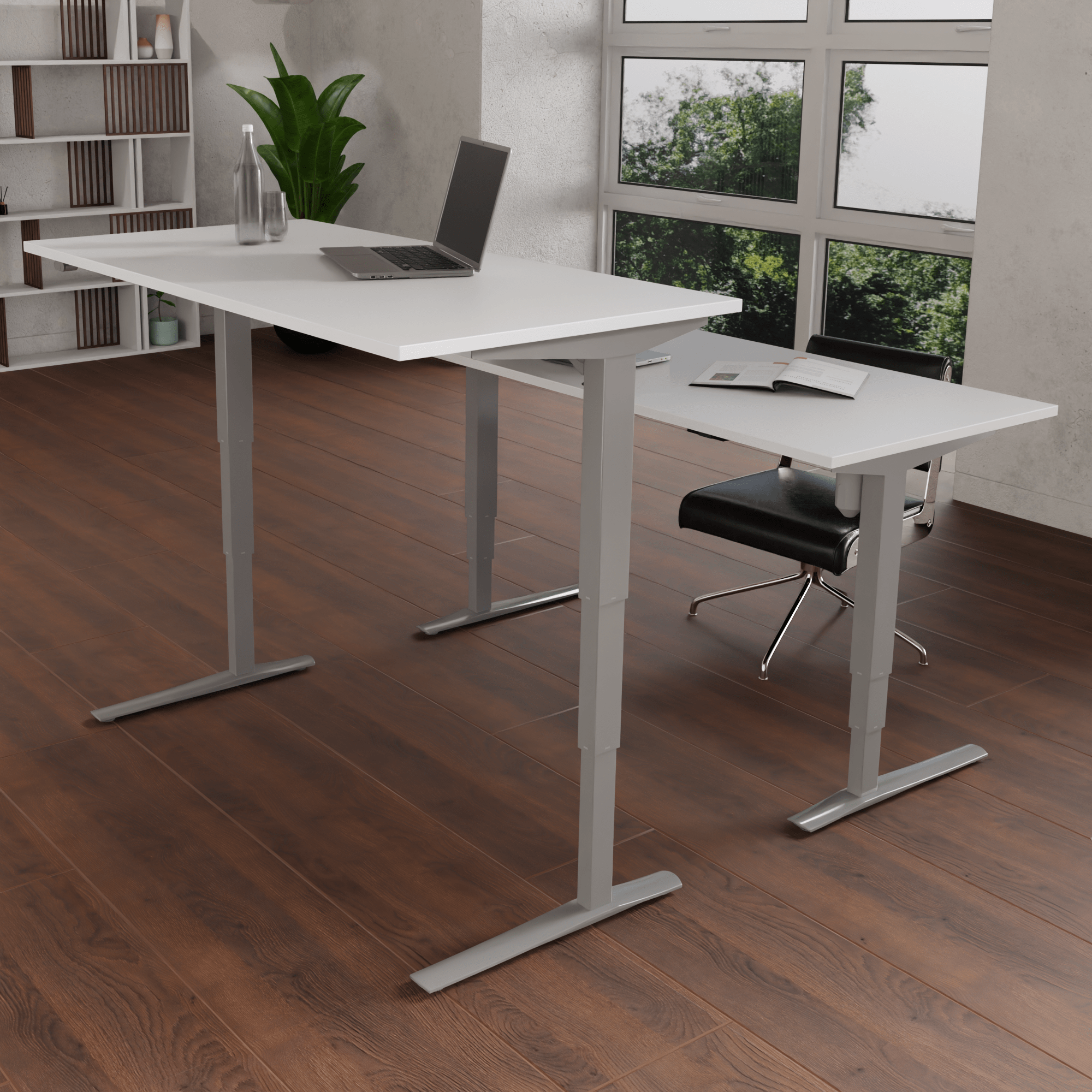 Schreibtisch steh/sitz | 160x80 cm | Weiß mit silbernem Gestell