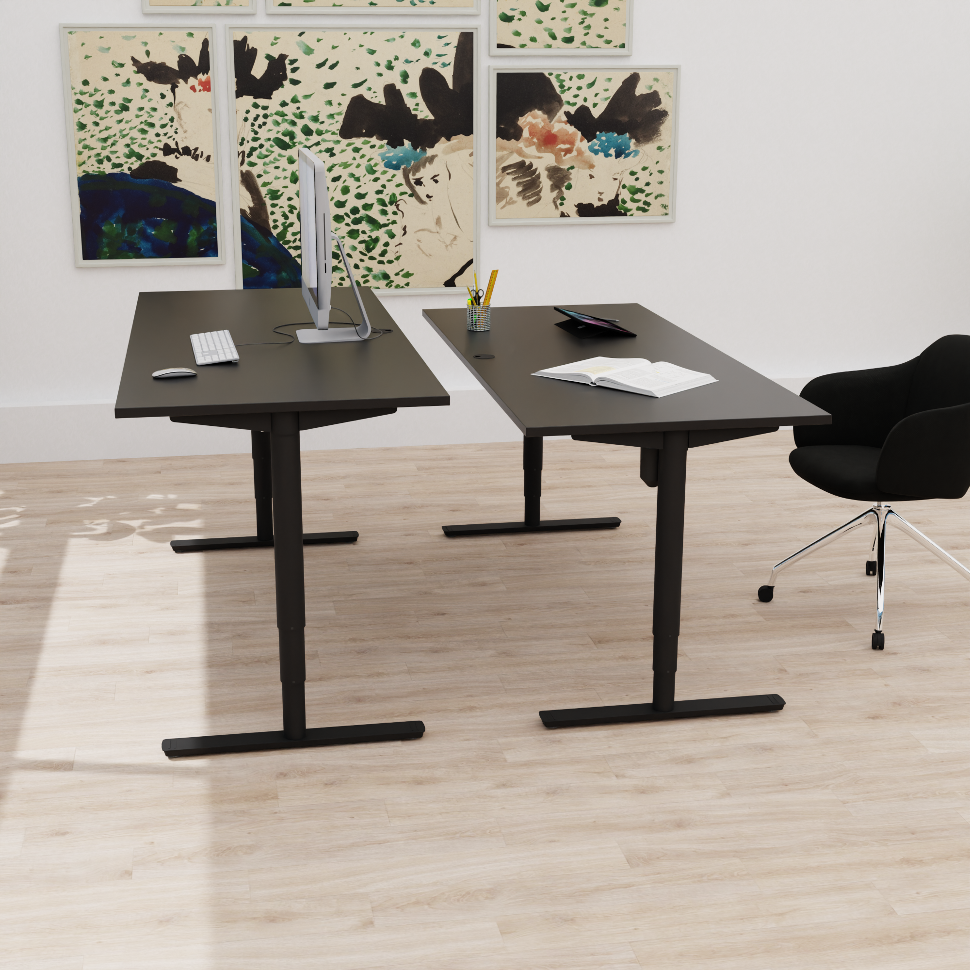 Schreibtisch steh/sitz | 160x80 cm | Schwarz mit schwarzem Gestell