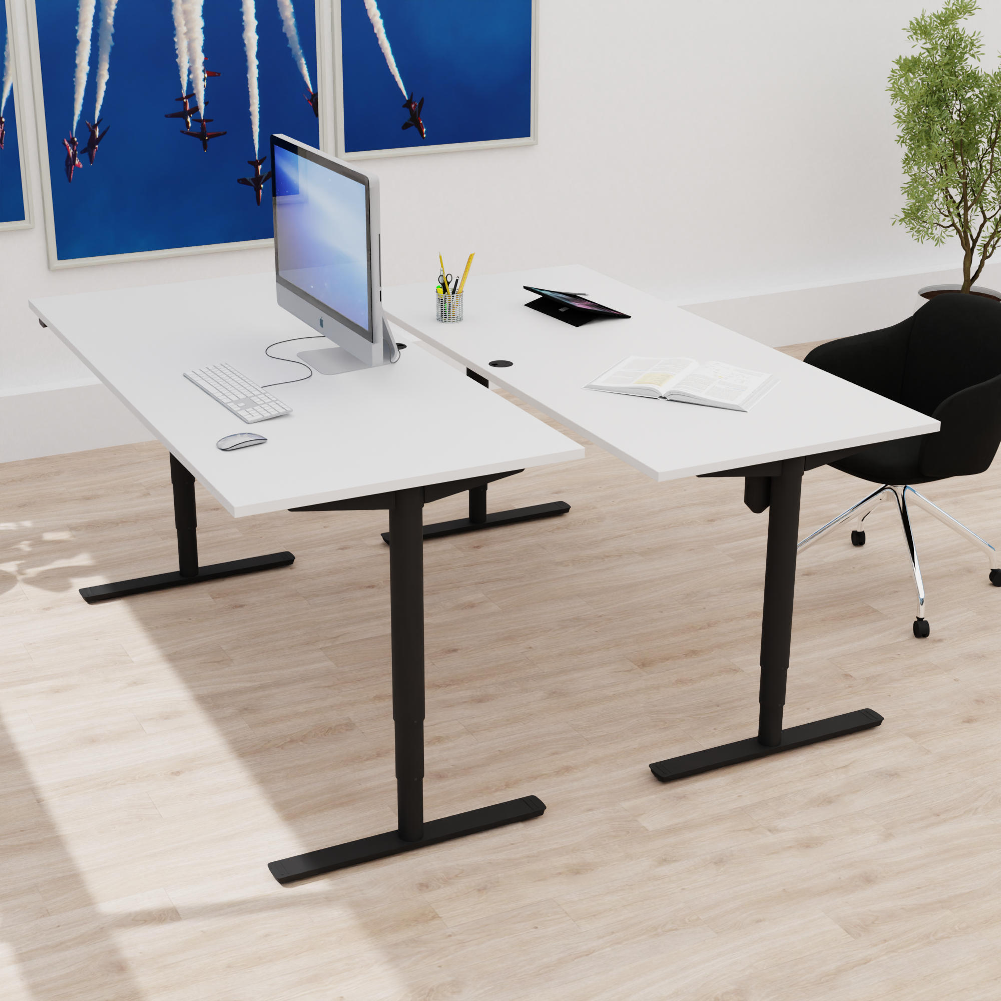 Schreibtisch steh/sitz | 120x80 cm | Weiß mit schwarzem Gestell