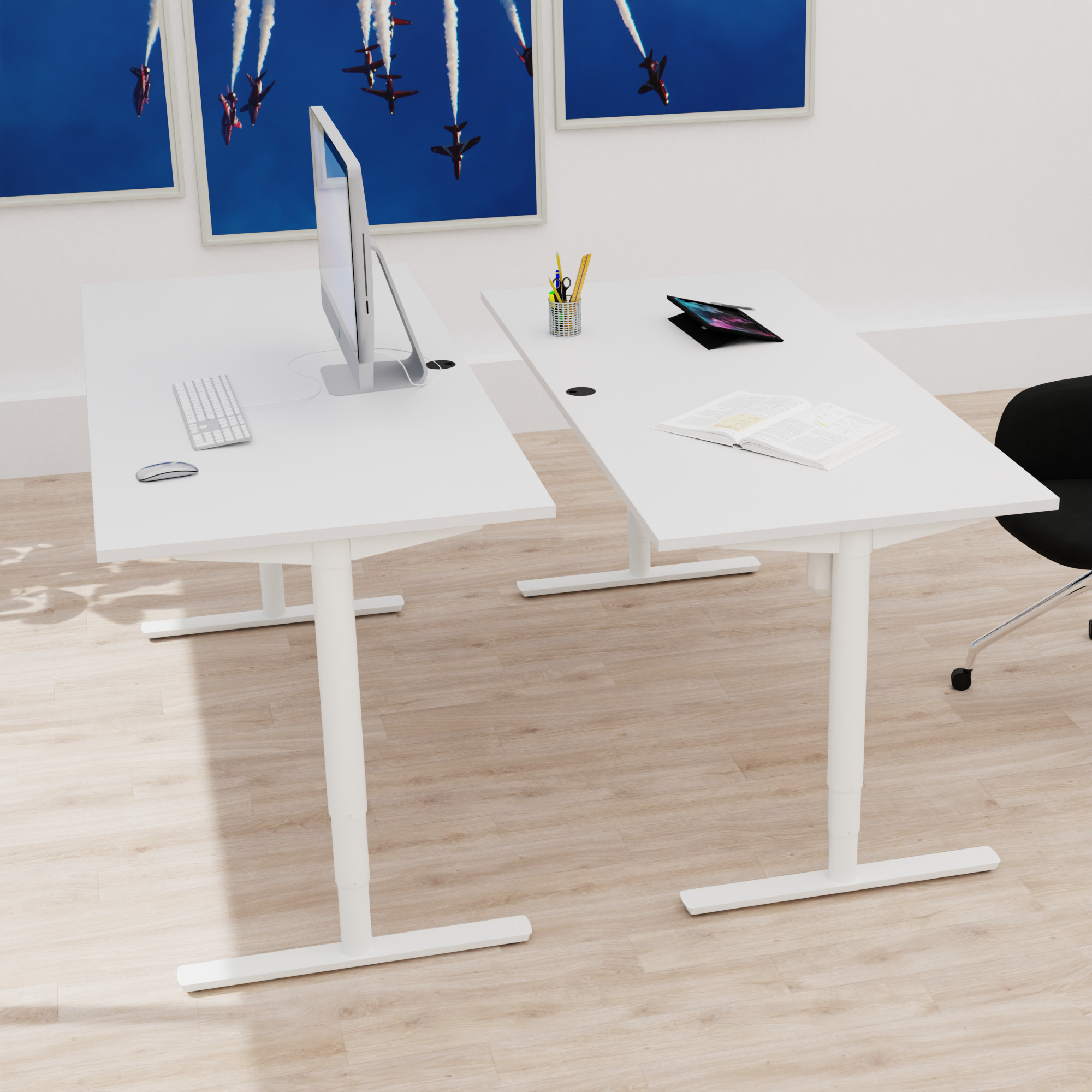 Schreibtisch steh/sitz | 180x80 cm | Weiß mit weißem Gestell